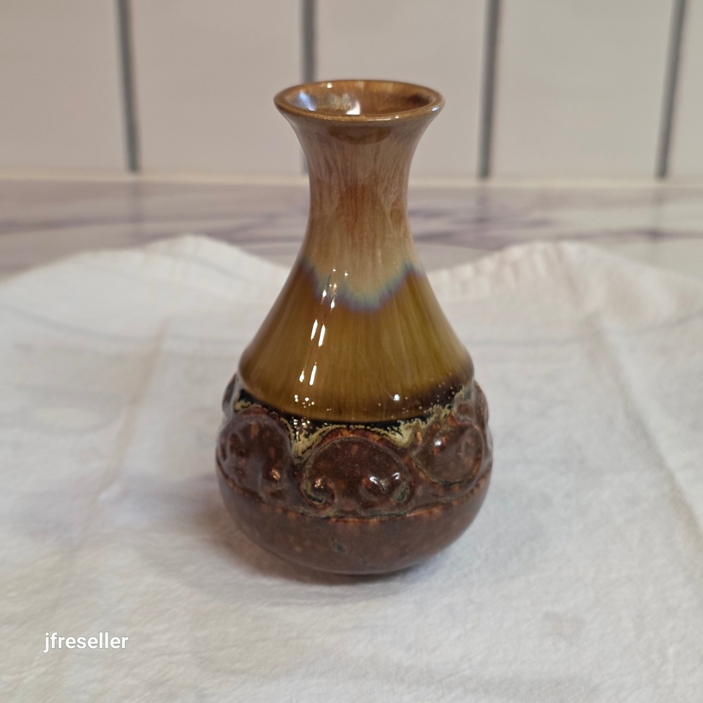 Vintage Ceramic Bud Vase Earth Tone Drip Glaze Embossed Scroll Brown Mustard 5"